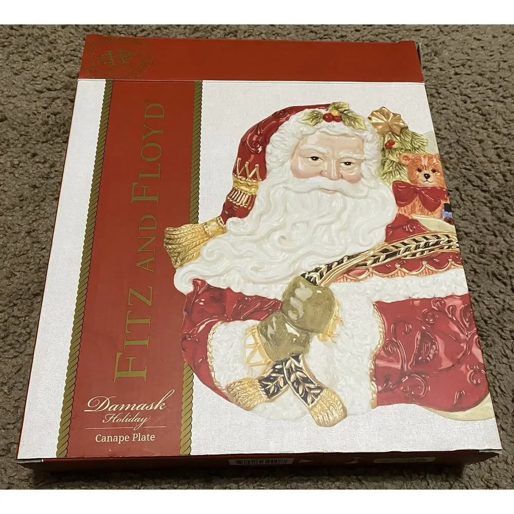 Fitz & Floyd Damask Holiday Ceramic Santa Toys Figural Christmas Canape Plate